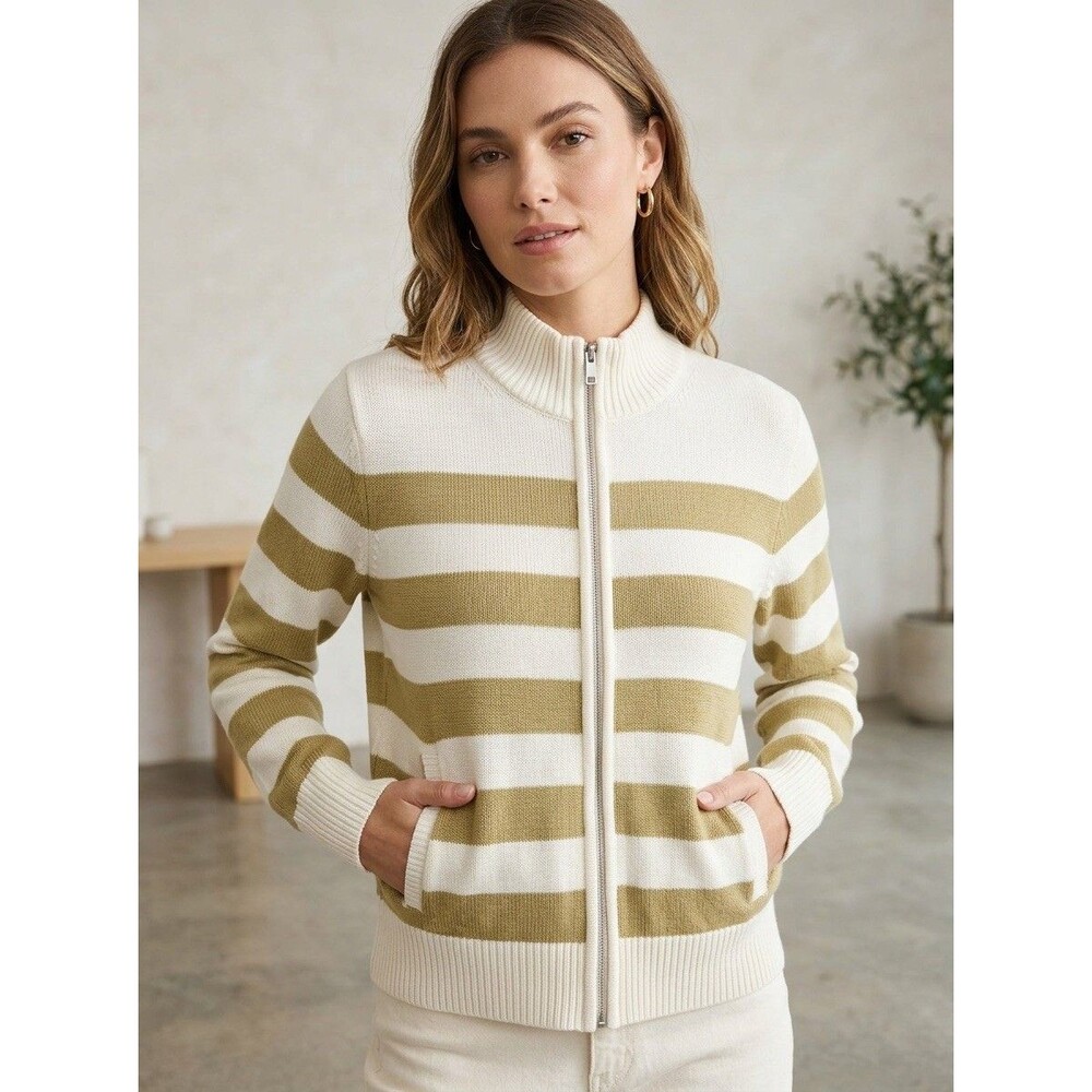 Sanctuary Women’s Cotton Knit Mock Neck Full Zip Striped Cardigan Sweater M